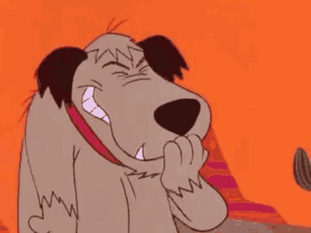 a cartoon dog is biting its nails and making a face .