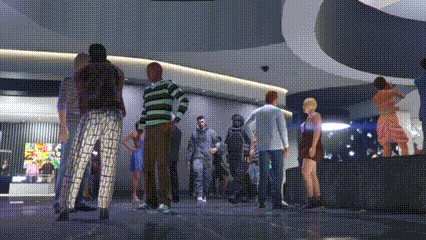 a group of people are standing in a room with a woman dancing