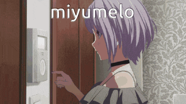 a girl with purple hair is standing in front of a door with the words miyumelo above her