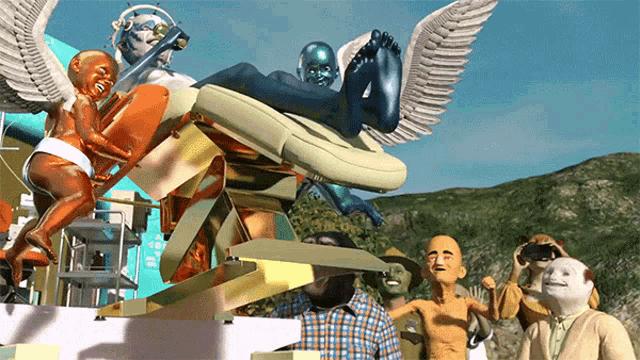 a group of cartoon characters are gathered around a statue of a man with wings