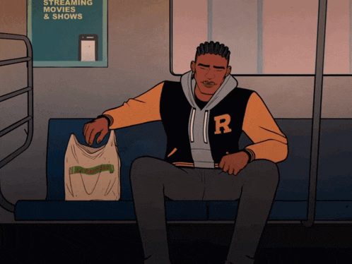 a man in a varsity jacket with the letter r on it sits on a subway