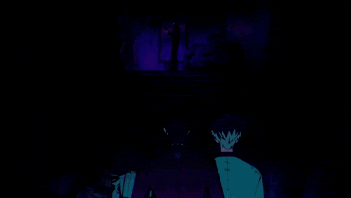 a boy with glasses and an x on his collar looks at his reflection in the mirror