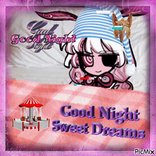 a picture of a girl on a bed with good night sweet dreams written on it