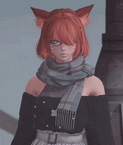 a girl with red hair is wearing glasses and a scarf