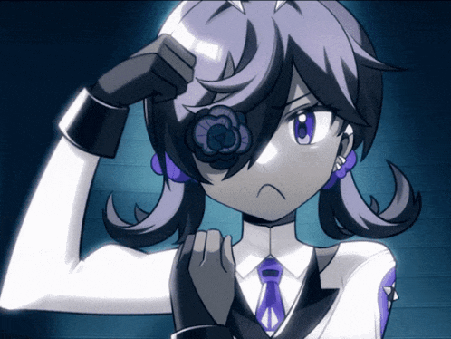 a girl with purple hair and a flower on her eye