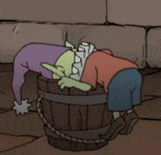 a cartoon character is laying in a wooden barrel