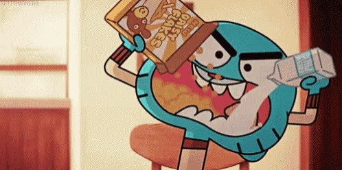 gumball from the amazing world of gumball is drinking milk from a bottle while eating cereal .