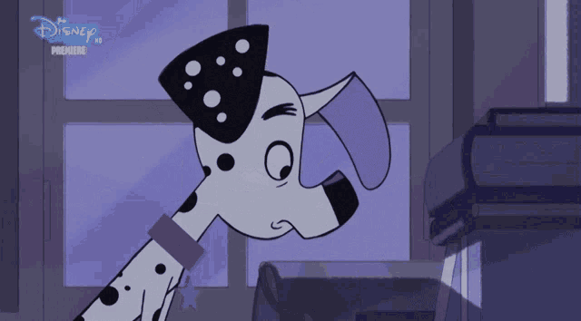 a dalmatian dog with a purple collar is on a disney premiere advertisement