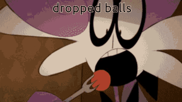 a cartoon character with a fork in his mouth and the words " dropped balls " above him