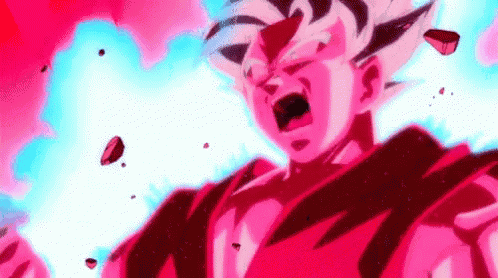 a close up of a cartoon character with a red and blue aura .