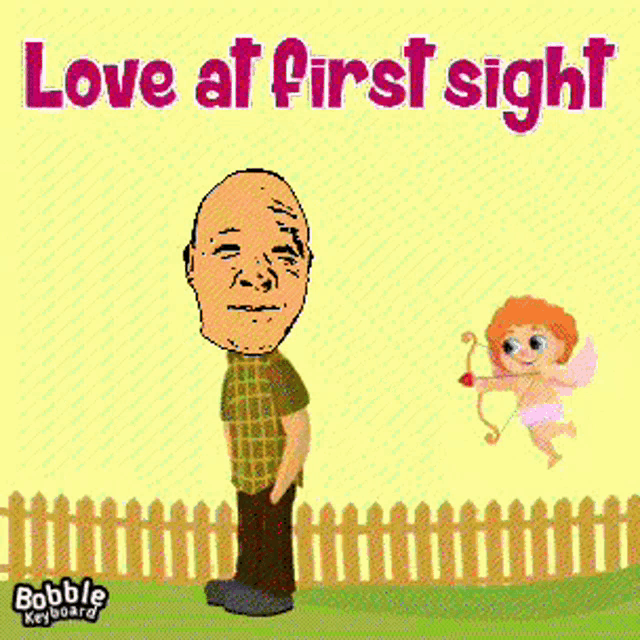 a cartoon of a man standing next to a cupid with the words love at first sight