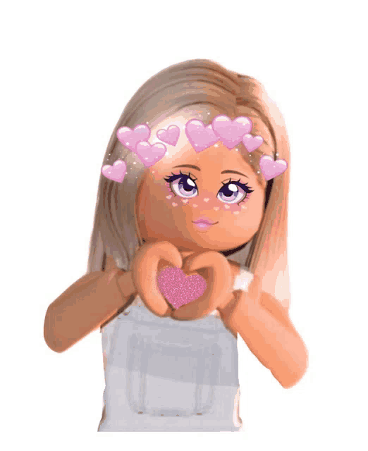 a girl making a heart with her hands with pink hearts on her face