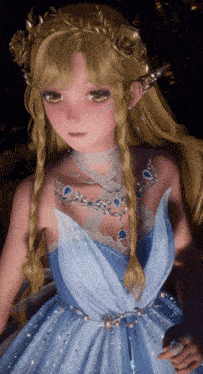 a girl with blonde hair and a blue dress