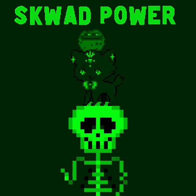 a pixel art of a green skeleton with the words skwad power above it