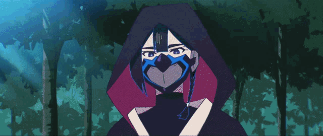 a drawing of a person with a mask on holding a blue sword