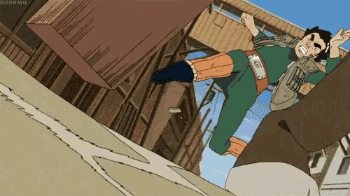a cartoon character is flying through the air while wearing a green shirt and orange pants