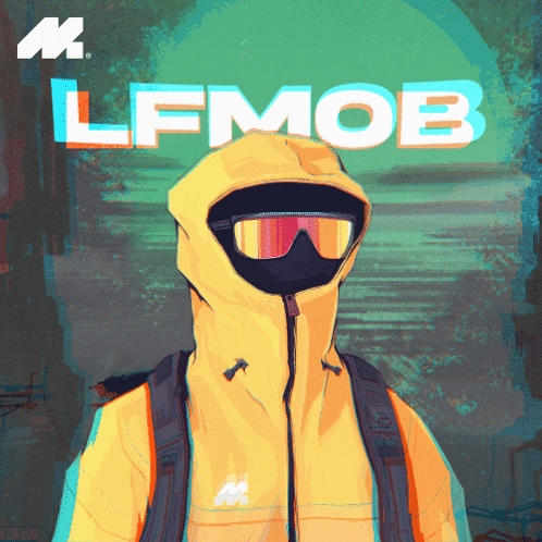 a poster for lfmob shows a person wearing a yellow jacket and a backpack