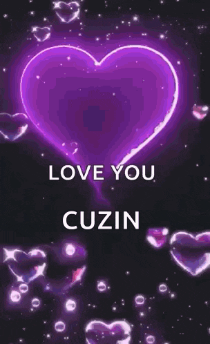 a pink heart with the words `` love you cuzin '' on it