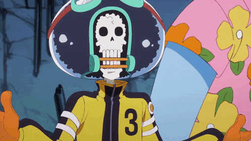 a cartoon character with a skull and the number 3 on his jacket
