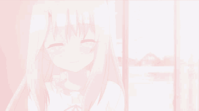 a girl with long blonde hair is smiling in front of a window