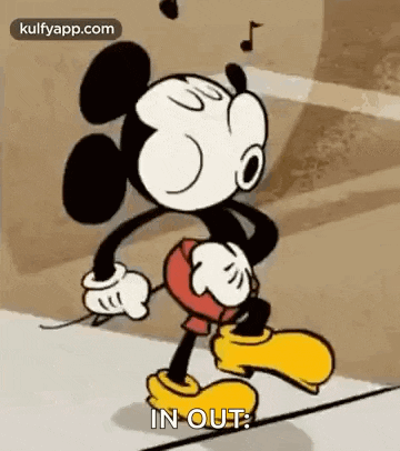 mickey mouse is walking down a street with a music note behind him and says `` in out '' .