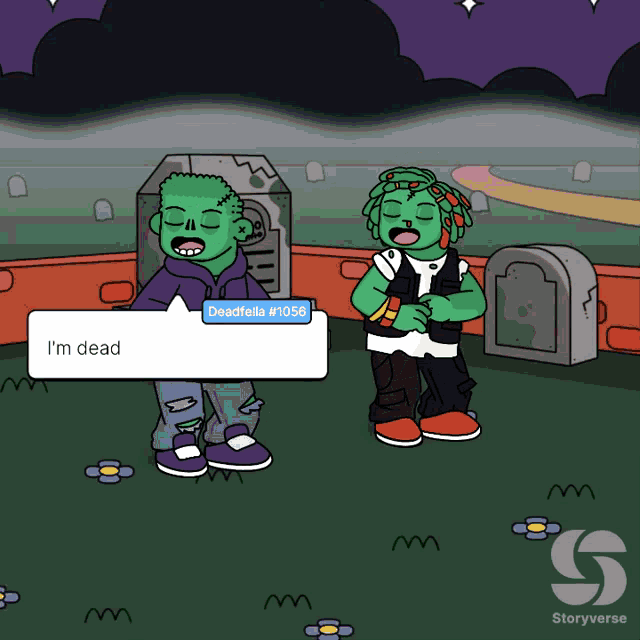 a cartoon of a zombie saying " i 'm dead " in a cemetery