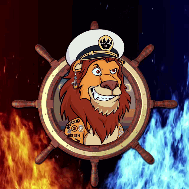 a cartoon of a lion wearing a captain 's hat and a tattoo that says doge on it