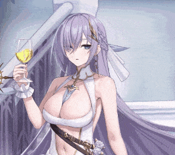 a purple haired anime girl holding a glass of wine