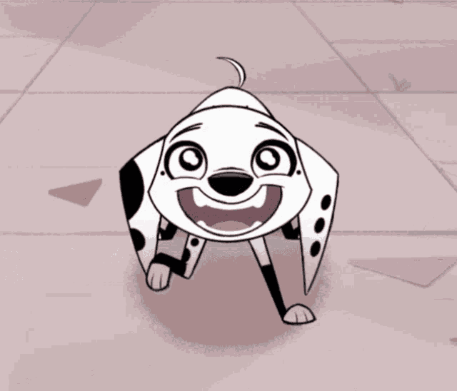 a cartoon dalmatian dog is smiling and looking up at the camera