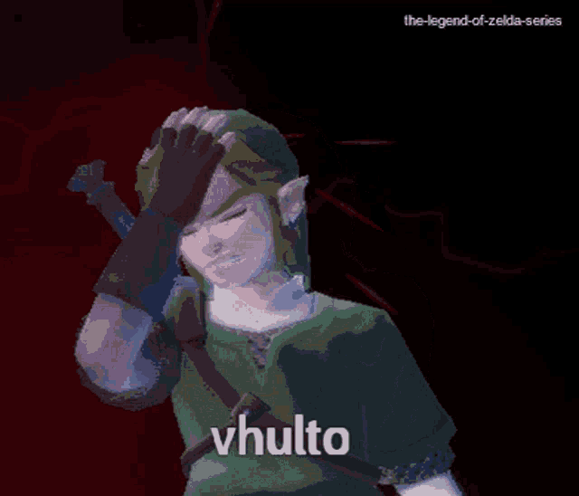 a pixel art of link holding his hand to his forehead with the words vhulto below him