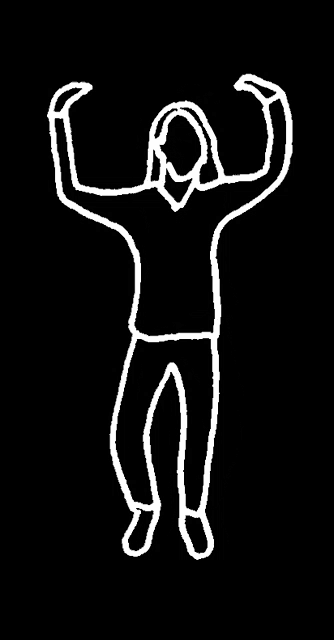 a white line drawing of a person dancing with their arms in the air .