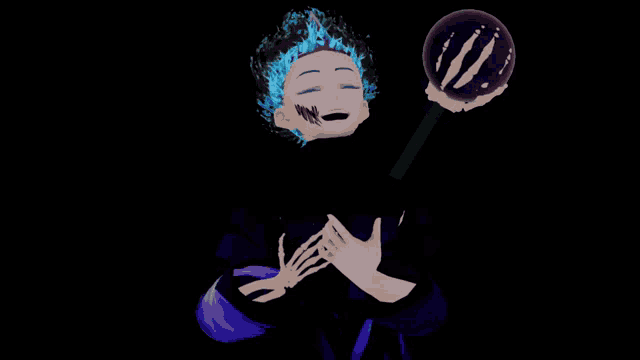a cartoon character with blue hair is holding a purple object