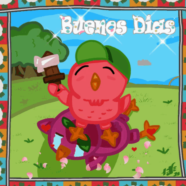 a cartoon drawing of a bird with the words buenos dias written above it