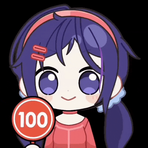 a cartoon girl with purple hair is holding a red sign that says 100