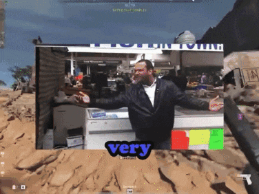 a video game screen shows a man with his arms outstretched and the word very on the bottom