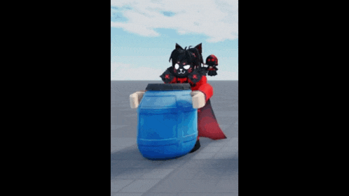 a cartoon character is holding a large blue barrel