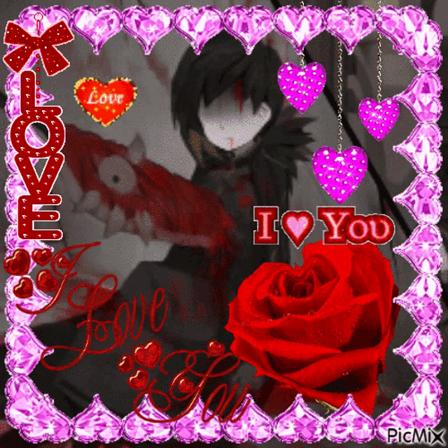a picture of a monster with a red rose and the words i love you on it