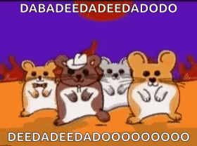 a group of hamsters wearing cowboy hats and sunglasses are dancing together .