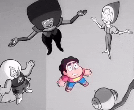 a group of cartoon characters are standing next to each other .