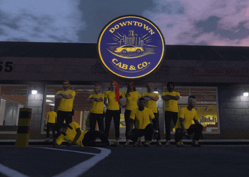 a group of people standing in front of a sign that says downtown cab & co.