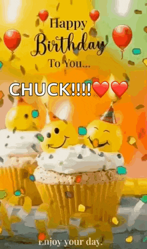 a happy birthday greeting card with cupcakes , balloons and smiley faces .