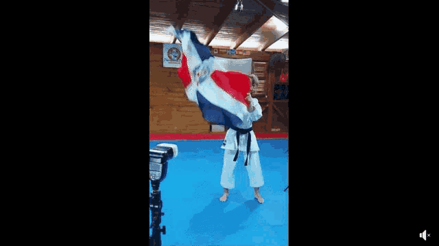 a man in a karate uniform holds a flag in his hand