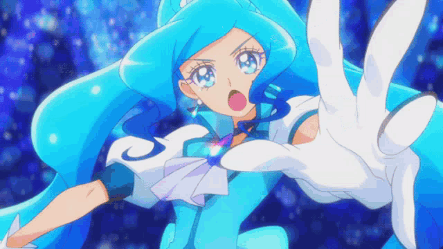 a girl with blue hair and white gloves reaches out towards the camera