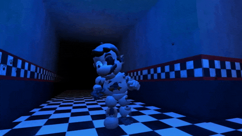 a cartoon character is standing in a dark hallway with a checkered floor