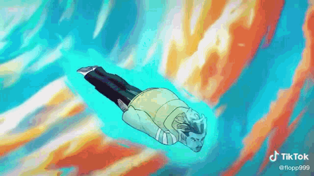 a cartoon of a man flying through the air with a sword .