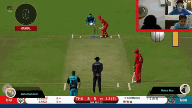 a game of cricket is being played on a screen with a red banner that says manual