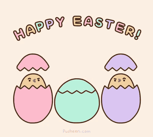 a happy easter greeting card with three eggs and two chicks coming out of them .