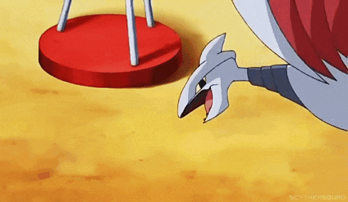 a cartoon shark is flying in the air next to a red stool .