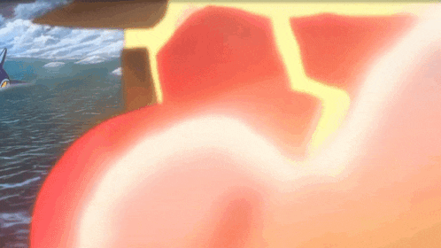 a painting of a red and yellow object in the middle of the ocean