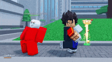 two cartoon characters are standing next to each other on a brick sidewalk .